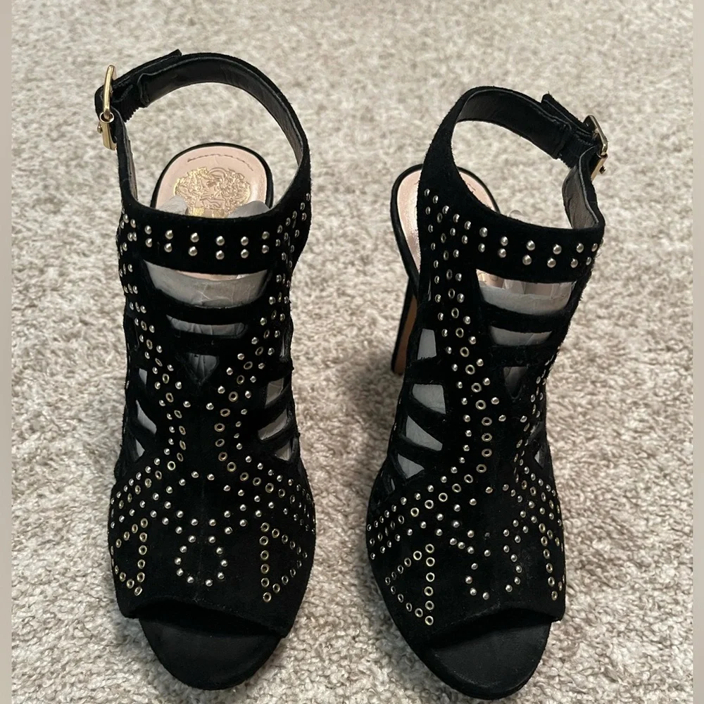 VINCE CAMUTO leather open toe black studded ajoure stiletto high heels s…